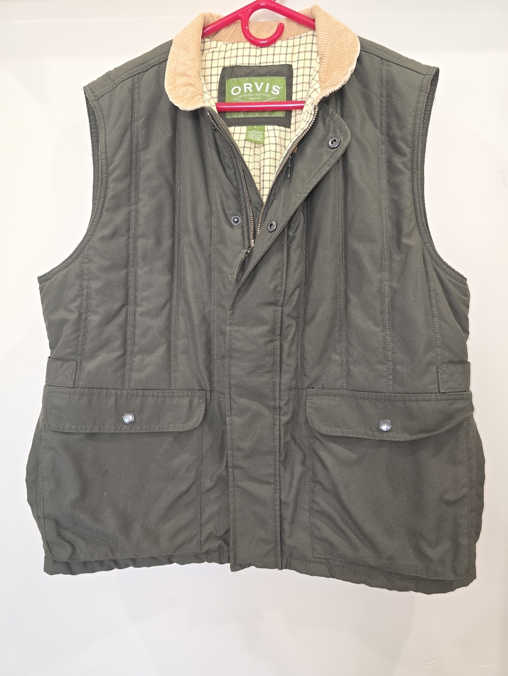 Orvis Mens L Hunting Vest Olive Quilted Corduroy Collar Cargo Pockets Outdoors